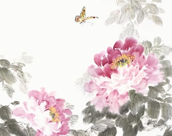 Peony flowers and yellow butterfly — original oriental sumi-e painting on Japanese rice paper