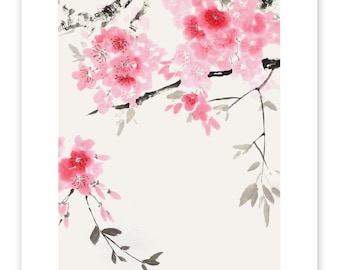 Sakura Cherry Blossoms — printed poster of my original sumi-e art, add a stone seal imprint for free