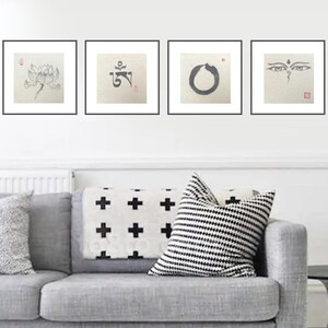 Lotus, Om, Enso e Buddha Eyes — set di 4 simboli spirituali orientali dipinti a mano con inchiostro giapponese su carta di riso, pittura feng shui, arte Zen