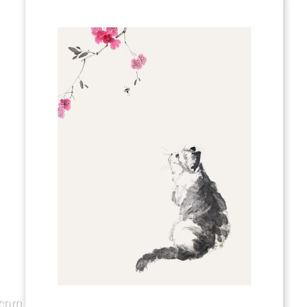 Chat sous les fleurs de cerisier Sakura — affiche imprimée de mon art sumi-e original, peinture de chat japonais, ajoutez une empreinte de sceau en pierre gratuitement