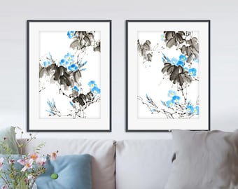 Blue Morning Glory Vine (Asagao) — set of 2 original sumi-e paintings in Japanese ink on rice paper