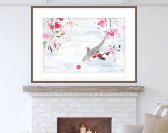 Koi Fish and Cherry Blossoms — sumie original painting of carp and sakura, Japanese ink on rice paper, colorful watercolor Asian art