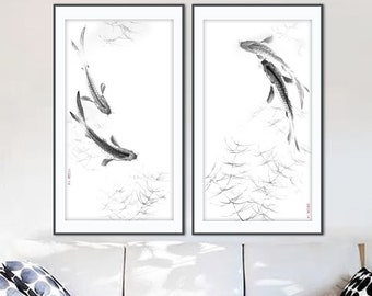 Koi Fish Sumi-e Painting Set: Original Ink Art, Feng Shui Wall Decor