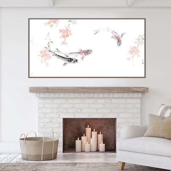 Koi Fish and Sakura Cherry Blossoms — large original sumi-e painting on Japanese rice paper, Asian wall art