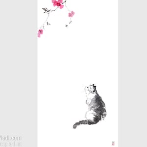 Gato bajo una flor de cerezo Sakura — Pintura original de Sumi-e sobre papel de arroz