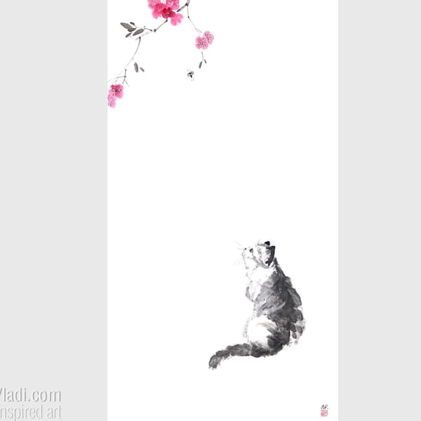 Chat sous une fleur de cerisier Sakura - Peinture originale Sumi-e sur papier de riz