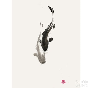 Zwei Koi Fische und eine Sakura Blume: Sumi-e Druck, Sternzeichen Fische Kirschblüte, asiatisches Kunst Poster, Feng Shui, japanischer Stempel, dazu ein kostenloser japanischer Stempel