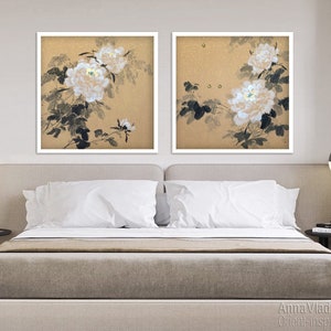 White Peony Paintings: Original Japanese Sumi-e Art on rice paper with gold flakes
