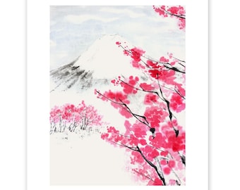 Könnte beinhalten: Ein Aquarellbild eines schneebedeckten Berges mit rosa Kirschblüten im Vordergrund. Der Berg befindet sich im Hintergrund und ist in Grautönen und Weiß gemalt. Die Kirschblüten befinden sich im Vordergrund und sind in Rosatönen und Weiß gemalt.