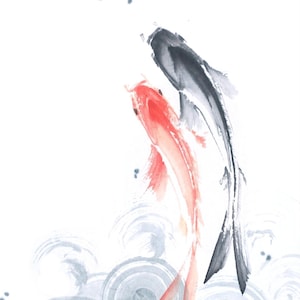 Koi Fish Sumi-e Painting: Japanese Zen Art, Red and Black (A4, Unframed)