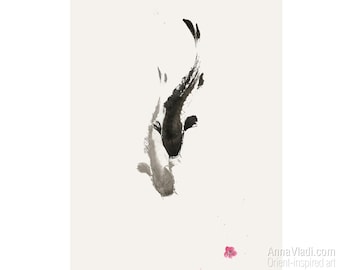 Two Koi Fish and a Sakura Flower Art Print: Sumi-e Pisces, Cherry Blossom, Zen Decor