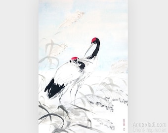 Japanese Crane Sumi-e Painting: Heron Birds Ink Art on Rice Paper