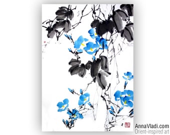 Blue Morning Glory Flowers (Asagao) — Peinture originale à l'encre Sumi-e sur papier de riz japonais, Art mural oriental, Décoration d'intérieur