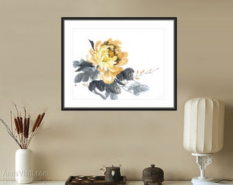Yellow Peony Flower — original Oriental art on handmade rice paper, botanical painting, chinese watercolour, asian minimalist art