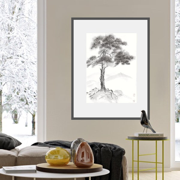 Lone Pine Tree — original sumi-e painting in Japanese black ink on rice paper, monochrome Oriental landscape, large wall art