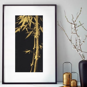 Bamboo In The Night — dipinto minimalista originale in inchiostro dorato giapponese su carta di riso nera