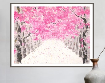 Sakura Way / Pink and Gold Cherry Blossom Lane — Original Sumi-e Japanese Ink Painting On Rice Paper