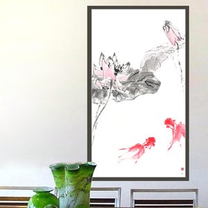 Pesci rossi e fiori di loto — grande dipinto sumi-e originale in inchiostro giapponese su carta di riso, arte Zen, arte murale di meditazione Zenga