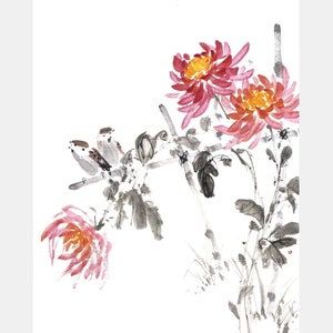Gorriones y crisantemos: pintura sumi-e original sobre papel de arroz japonés