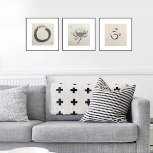 Enso, Lotus, Om - set di 3 simboli spirituali orientali dipinti a mano con inchiostro giapponese su carta di riso, opere d'arte yoga, pittura feng shui, arte Zen