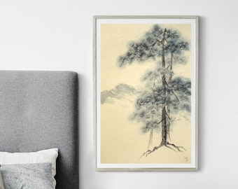 Sumi-e Pine Tree Landscape: Japanese Ink Painting on Vintage Rice Paper (75x45 cm)