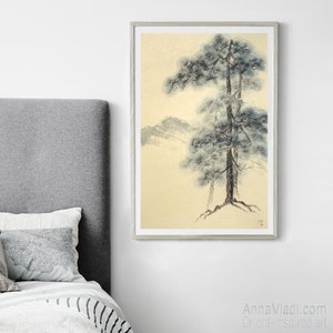 Paesaggio di pini: dipinto originale sumi-e con inchiostro giapponese su carta di riso vintage, arte da parete orientale, grande arredamento per la casa 75×45 cm