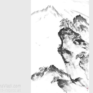 Paesaggio montano con pini — dipinto originale in bianco e nero con inchiostro sumi e su carta di riso giapponese, 97×53 cm Shuimo Shan shui art