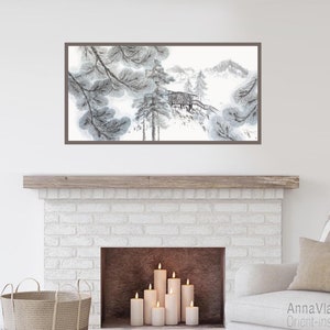 Rifugio nella foresta di pini di montagna — dipinto sumi-e originale in inchiostro giapponese su carta di riso