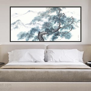 Vecchio pino in montagna — GRANDE dipinto sumi-e originale in inchiostro giapponese su carta di riso, arte Zen, arte murale asiatica in bianco e nero