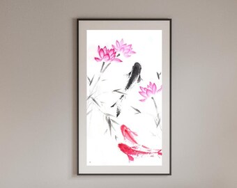 Koi and Lotus flowers — LARGE 20×36" original sumi-e painting in ink on Japanese rice paper, Oriental fish art, Zen and Feng Shui decor