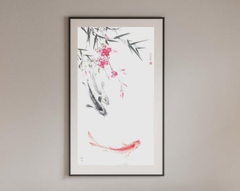 Koi Fish With Sakura and Bamboo: Original Sumi-e Feng Shui Koi Fish With Sakura and Bamboo: Original Sumi-e Feng Shui