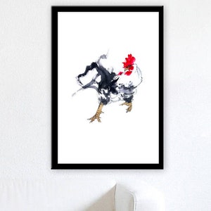 Raging Rooster — sumi-e art poster, add a real stone seal imprint for free