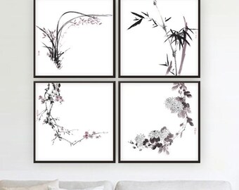 絵画 墨絵 原画 水墨画 モノクロ水彩画 自然風景 F4 - 絵画