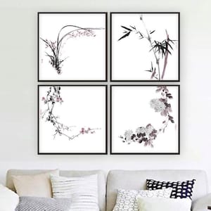 Die Vier Noble: 4 Gemälde von Orchidee Bambus Chrysantheme Pflaumenblüte — Original Sumi-e in Enso Zen Kreis, Feng Shui Kunst