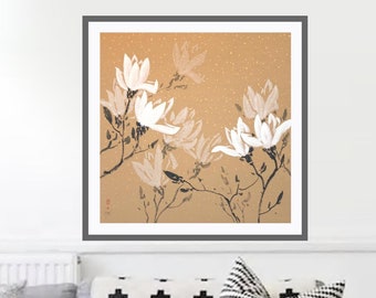 Fleurs de magnolia blanc — Peinture originale Sumi-e sur papier de riz rare avec des flocons dorés