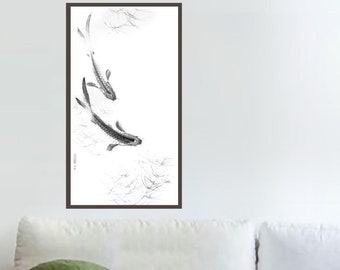 Koi Fish Sumi-e Painting: Japanese Ink Art, Oriental Zen Decor