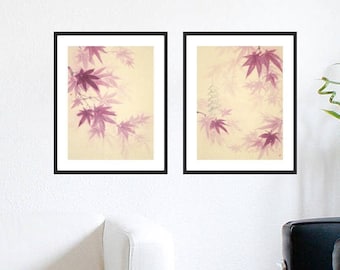 Japanese Maple — set of 2 original paintings on beige rice paper, Oriental art, Asian wall decor, purple autumn leaves landscape