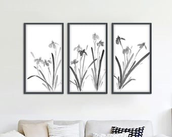 Japanese Iris Flowers — set of 3 black and white paintings of irises, original sumi-e art, monochrome zen art, minimalist feng shui painting