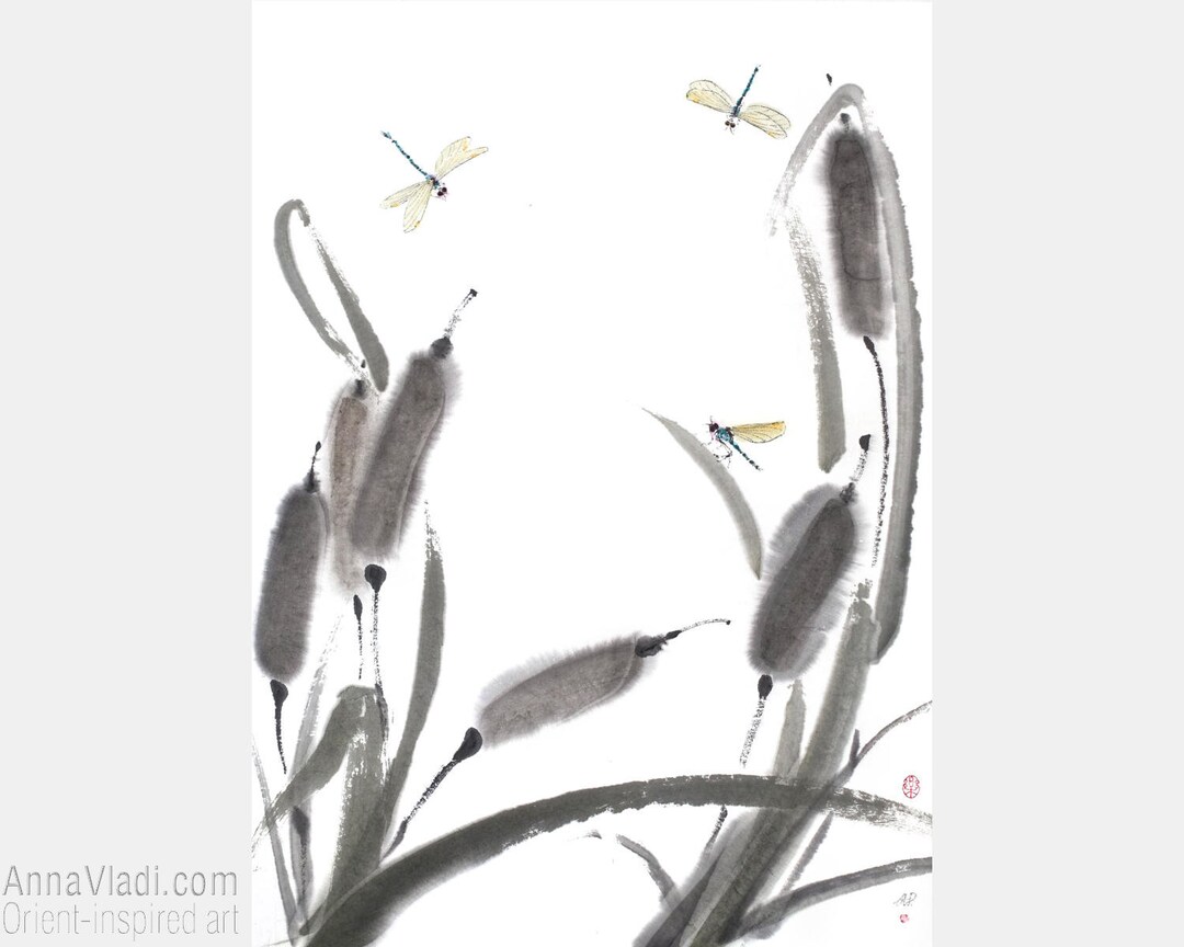 Dragonflies in Reed Original Sumi-e Painting, Japanese Ink on Rice ...