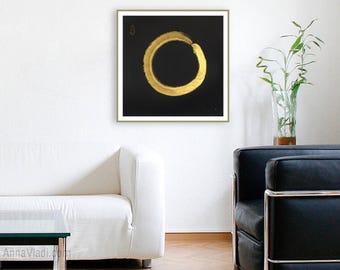 Guld Enso Zencirkelmålning på svart rispapper, Zen Kalligrafikkonst