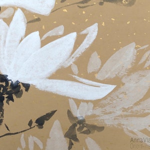 White Magnolia Flowers Original Sumi-e Painting On Rare Rice Paper With Golden Flakes image 6