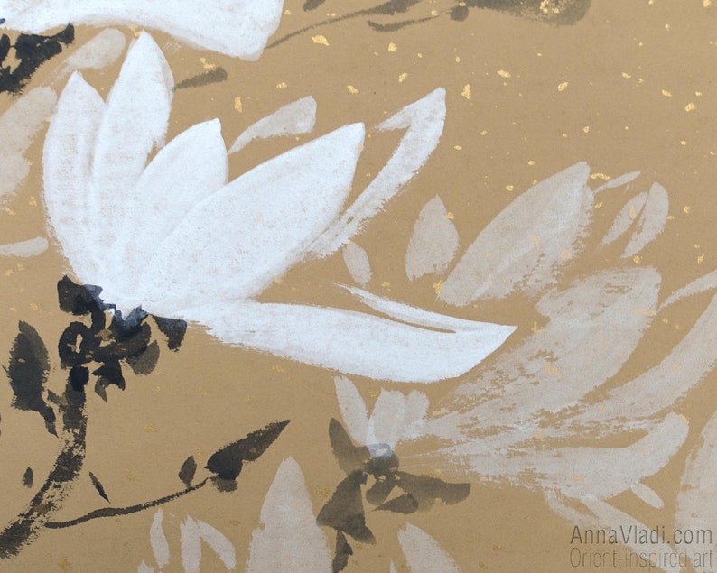 White Magnolia Flowers Original Sumi-e Painting On Rare Rice Paper With Golden Flakes image 6