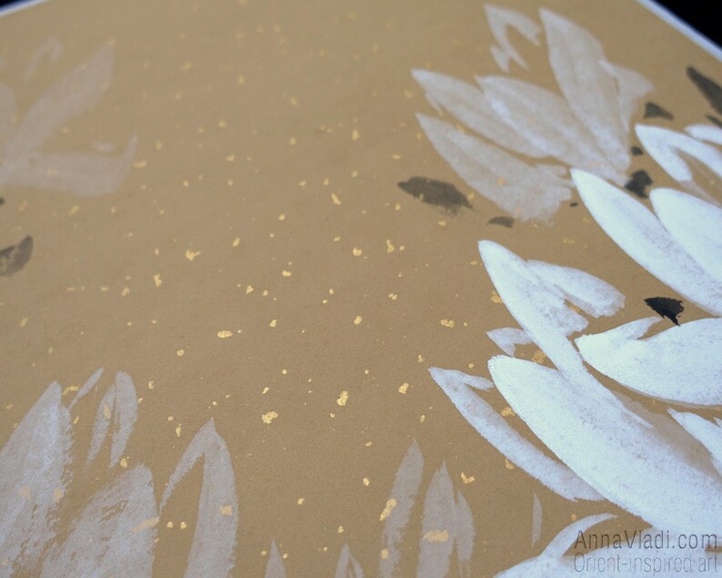 White Magnolia Flowers Original Sumi-e Painting On Rare Rice Paper With Golden Flakes image 3