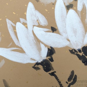 White Magnolia Flowers Original Sumi-e Painting On Rare Rice Paper With Golden Flakes image 5