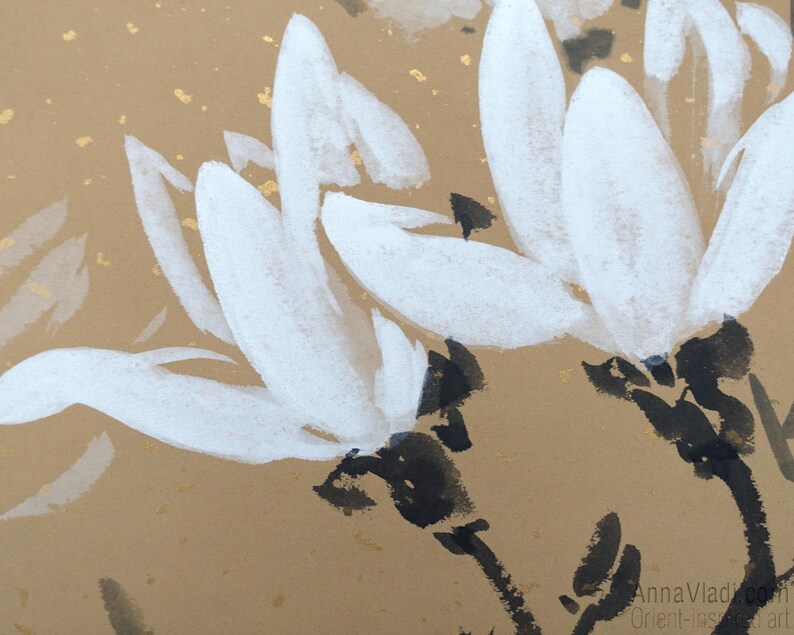 White Magnolia Flowers Original Sumi-e Painting On Rare Rice Paper With Golden Flakes image 5