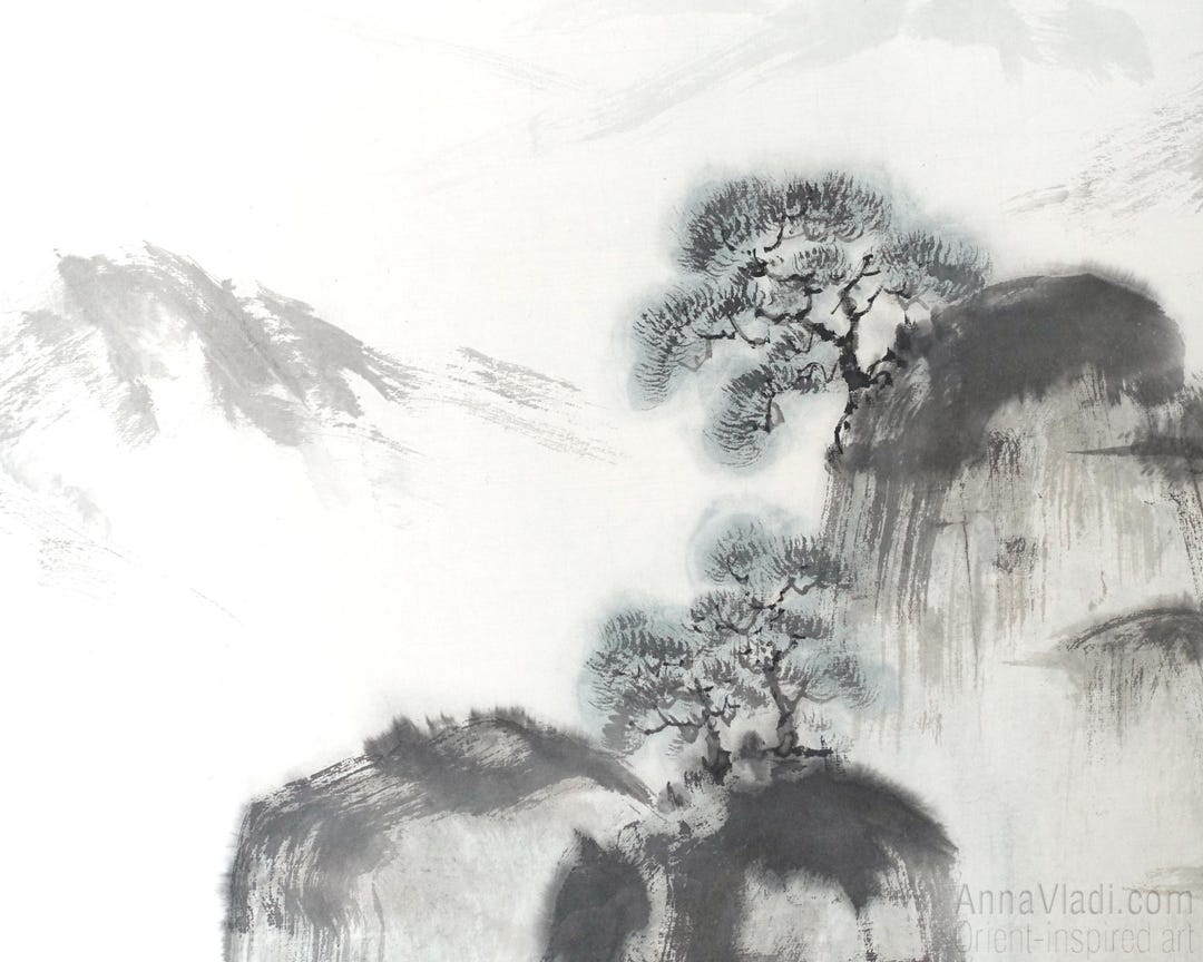 Sumi-e Mountain View — Original Painting in Japanese Zen Art