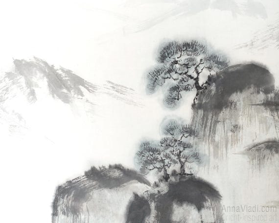 Sumi-e Mountain Landscape Painting: Japanese Zen Art on Rice Paper