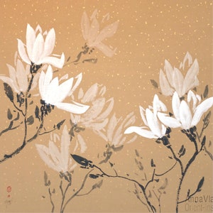 White Magnolia Flowers Original Sumi-e Painting On Rare Rice Paper With Golden Flakes image 2