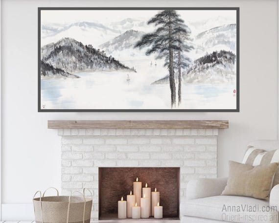 Large Sumi-e Landscape Painting: Pine Trees, Mountains, Japanese