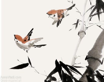 Sparrows in Bamboo — printed poster of my original sumi-e birds and flowers art, add a stone seal imprint for free